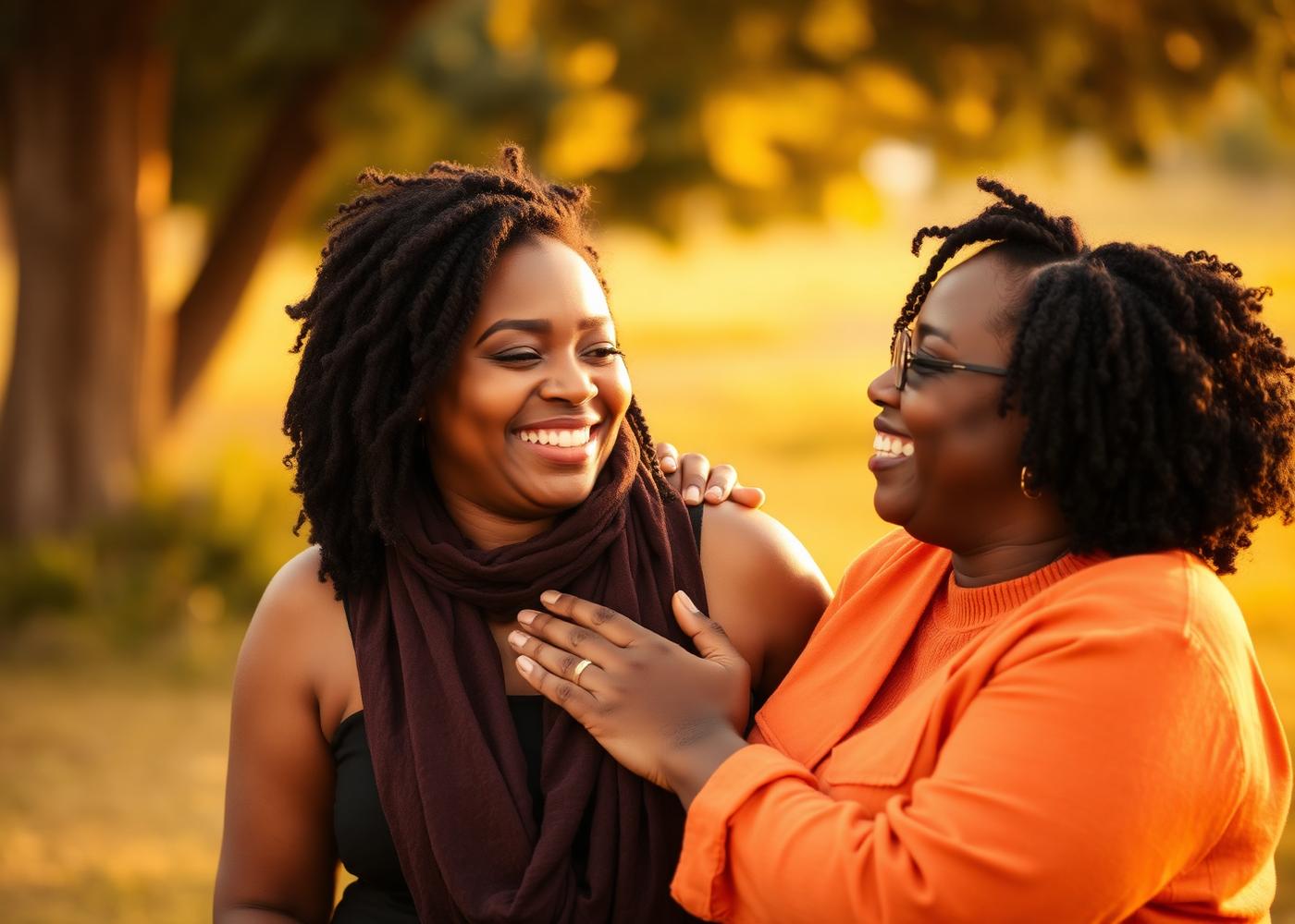 Two Black women in joyful, tender conversation under golden light